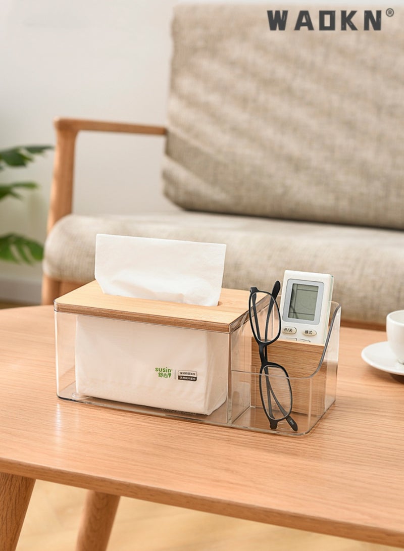 دبليو أيه أو كي أن صندوق تخزين مناديل متعدد الوظائف بتصميم مبتكر بفتحتين، مناسب تمامًا لأسطح الحمام، وخزائن ملابس غرفة النوم، والطاولات المختلفة (شفاف) - Image 1