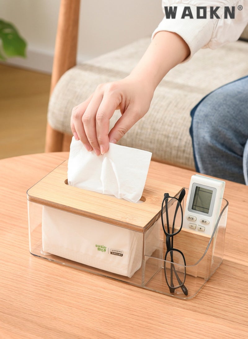 دبليو أيه أو كي أن صندوق تخزين مناديل متعدد الوظائف بتصميم مبتكر بفتحتين، مناسب تمامًا لأسطح الحمام، وخزائن ملابس غرفة النوم، والطاولات المختلفة (شفاف) - Image 3