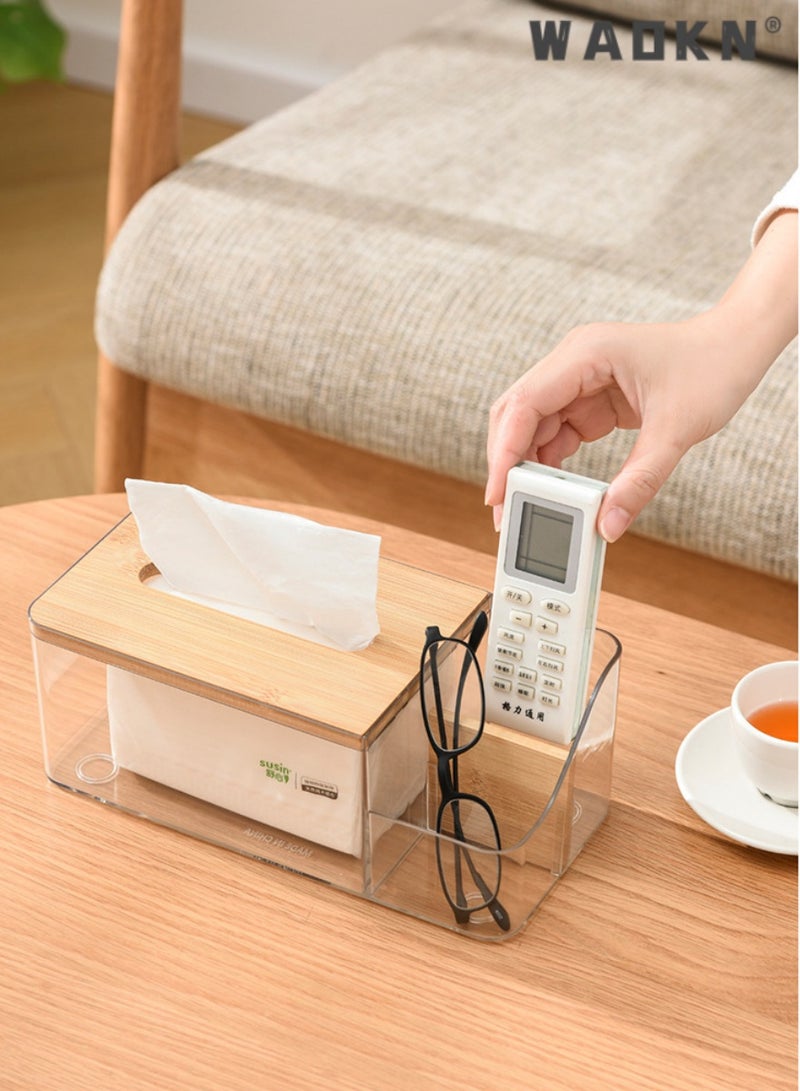 دبليو أيه أو كي أن صندوق تخزين مناديل متعدد الوظائف بتصميم مبتكر بفتحتين، مناسب تمامًا لأسطح الحمام، وخزائن ملابس غرفة النوم، والطاولات المختلفة (شفاف) - Image 2