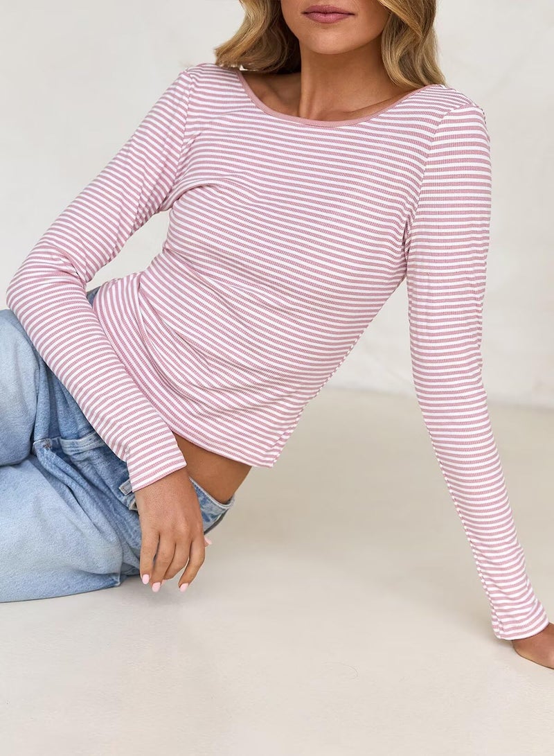 Falechay Y2K Tops Striped Sexy Fitted T-Shirt Pink Long Sleeve Crop Top for Women Trendy Boat Neck Backless Womens T Shirts Cute Ladie Outfits Casual Ladies Blouses Office Shirt Spring Basic Tee L - Image 5