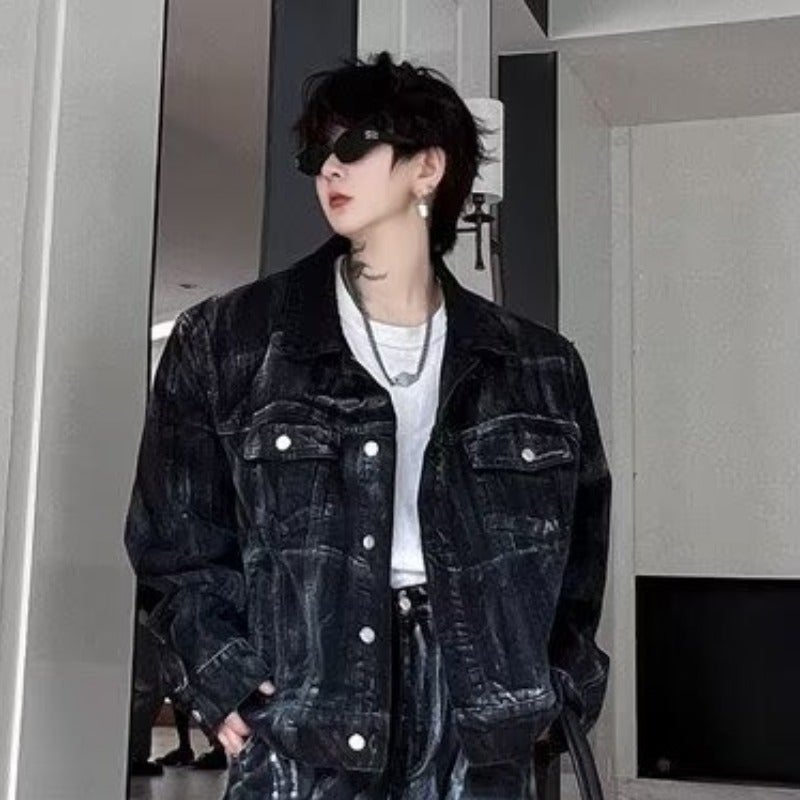 Retro Denim Splash Ink Mens Suit Jacket Pants Set Black pants  - Image 2