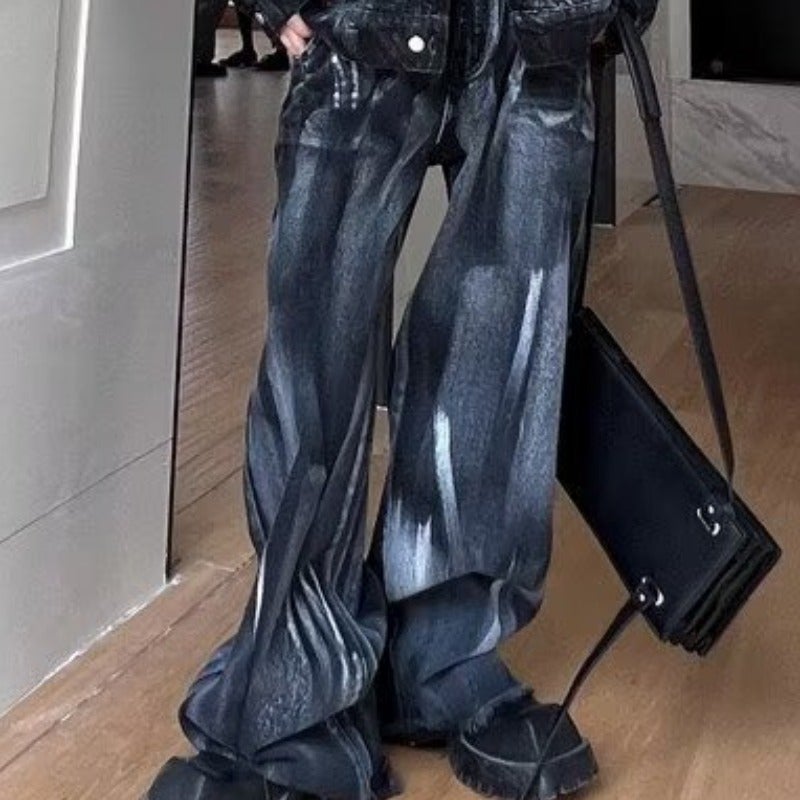 Retro Denim Splash Ink Mens Suit Jacket Pants Set Black pants  - Image 1