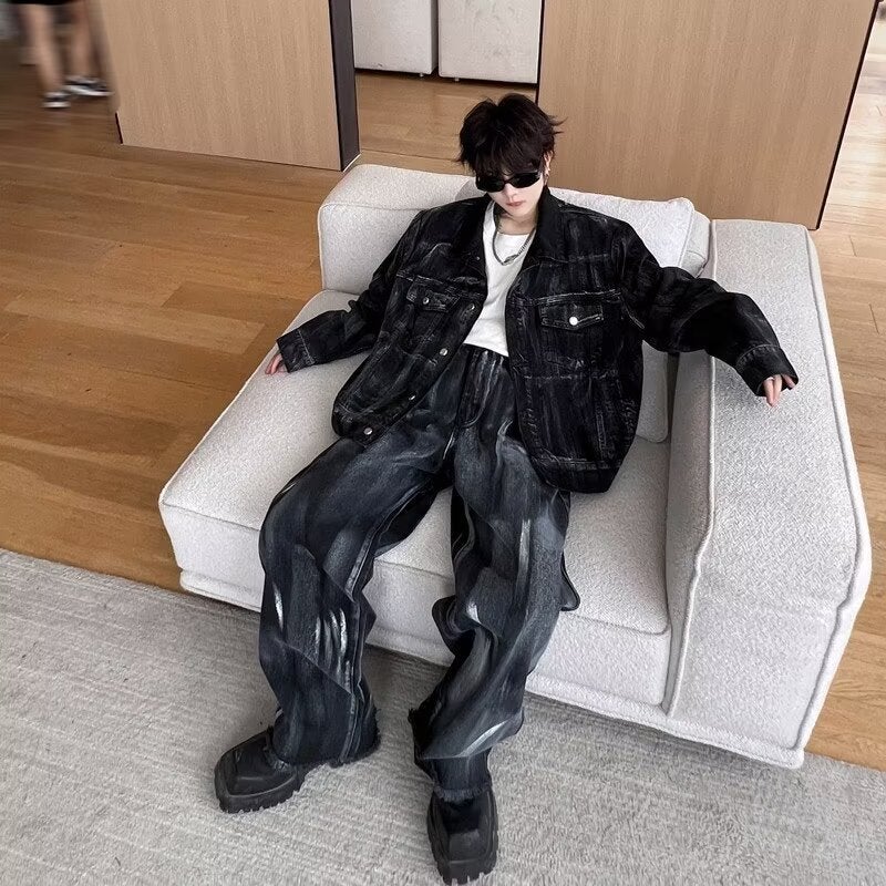 Retro Denim Splash Ink Mens Suit Jacket Pants Set Black pants  - Image 3