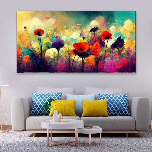 DEKORSTATION Canvas Floral Painting for Living Room Wall Decoration Colorful Abstract Flowers Illustration Floating Frame Art Print for Home and Office Décor Size : 12x24 Inches - Image 1