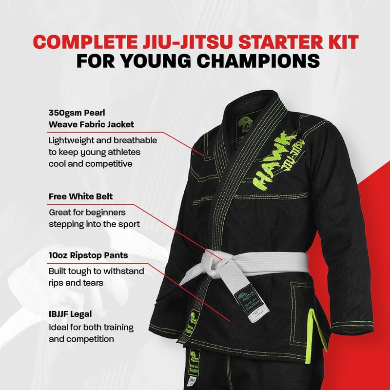 Hawk Sports Brazilian Jiu Jitsu Kids Jiu Jitsu Gi Children BJJ Gi Grappling Kimonos Lightweight with Free White Belt Military Green K0 - Image 3