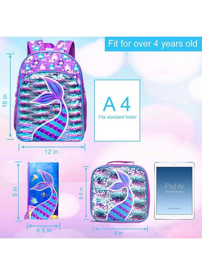 GXTVO 4PCS Mermaid Backpack, 16" Girls Sequin Bookbag with Lunch Box - Image 3