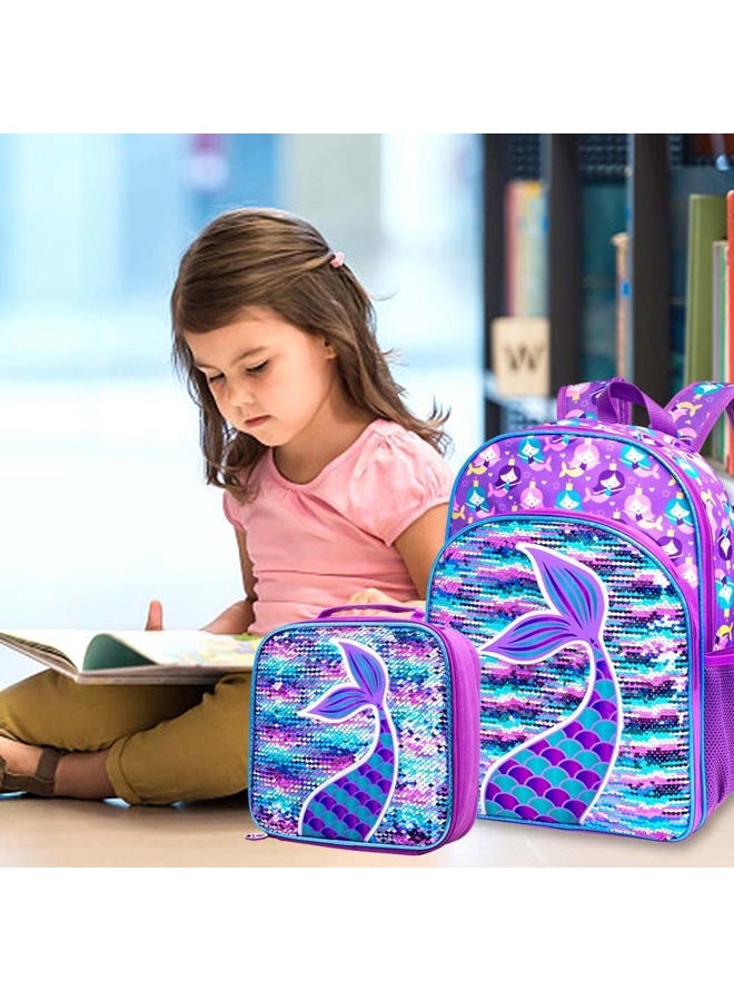 GXTVO 4PCS Mermaid Backpack, 16" Girls Sequin Bookbag with Lunch Box - Image 2