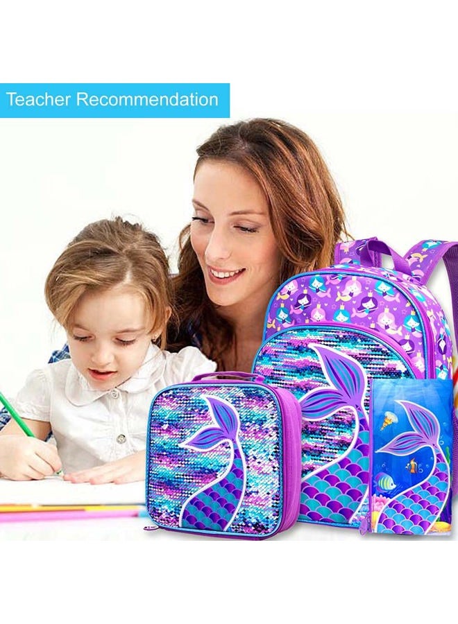 GXTVO 4PCS Mermaid Backpack, 16" Girls Sequin Bookbag with Lunch Box - Image 5