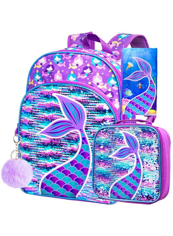 GXTVO 4PCS Mermaid Backpack, 16" Girls Sequin Bookbag with Lunch Box - Image 1