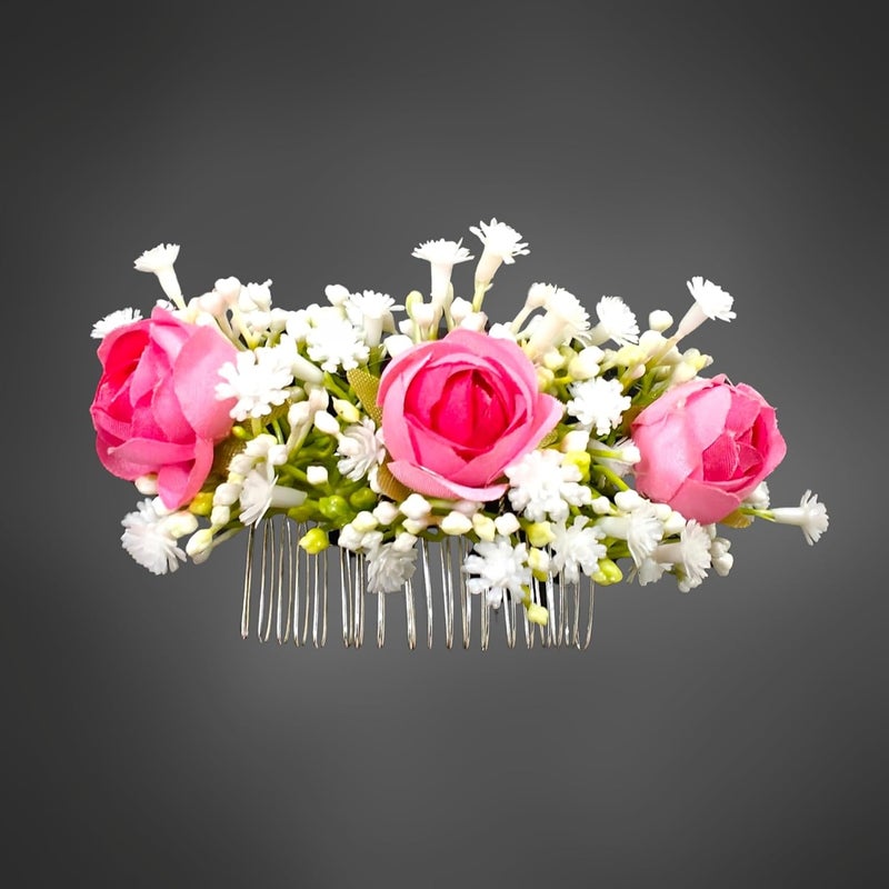 ANVIK Artificial Flower Fancy Hair Clip/Side Pin/Comb Pin/Juda Pin/Crystal Bun Pin For Women And Girls Bride Hair Styling Wedding Hair Accessories Flower Hair Accessory For Women (DARK PINK) - Image 1