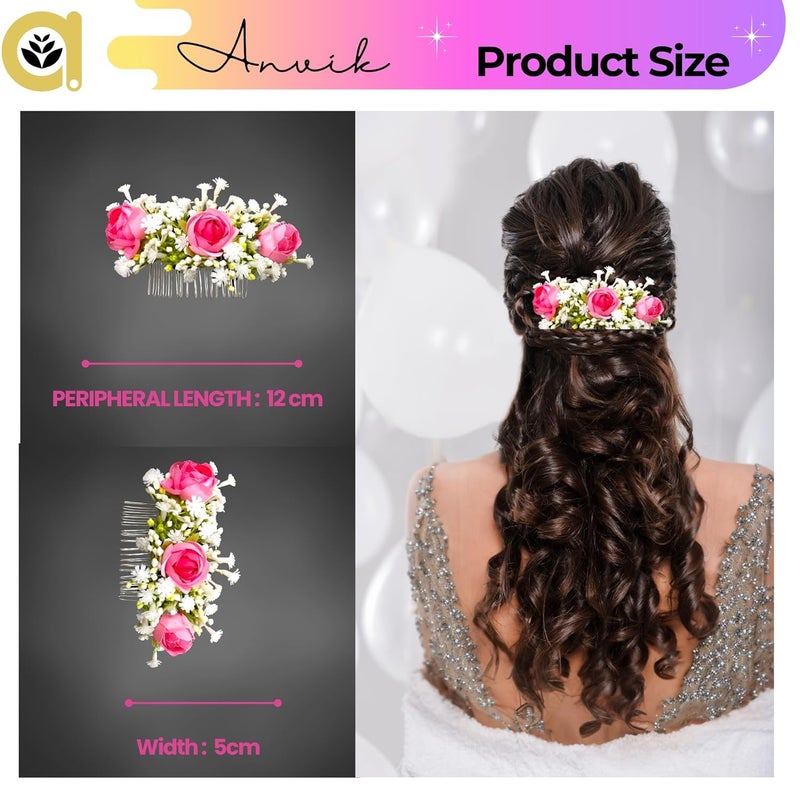 ANVIK Artificial Flower Fancy Hair Clip/Side Pin/Comb Pin/Juda Pin/Crystal Bun Pin For Women And Girls Bride Hair Styling Wedding Hair Accessories Flower Hair Accessory For Women (DARK PINK) - Image 3
