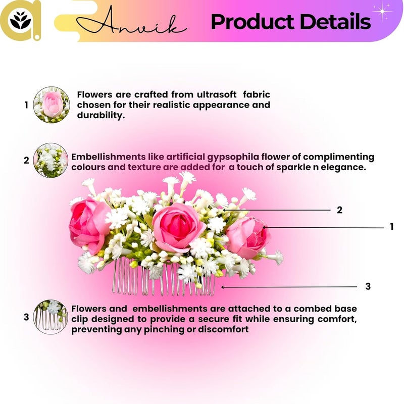 ANVIK Artificial Flower Fancy Hair Clip/Side Pin/Comb Pin/Juda Pin/Crystal Bun Pin For Women And Girls Bride Hair Styling Wedding Hair Accessories Flower Hair Accessory For Women (DARK PINK) - Image 2