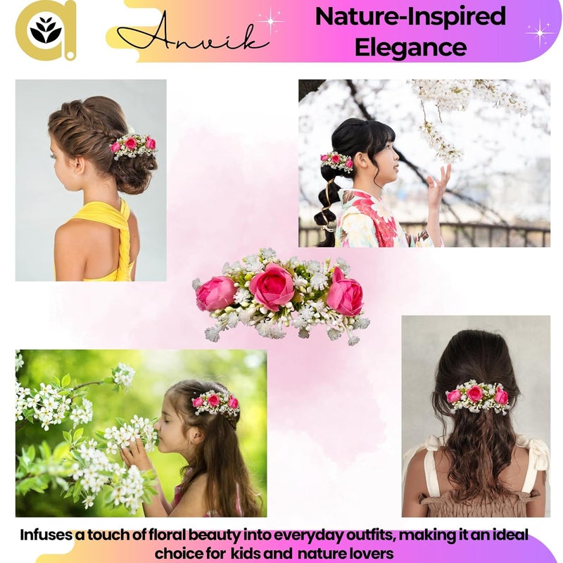 ANVIK Artificial Flower Fancy Hair Clip/Side Pin/Comb Pin/Juda Pin/Crystal Bun Pin For Women And Girls Bride Hair Styling Wedding Hair Accessories Flower Hair Accessory For Women (DARK PINK) - Image 5