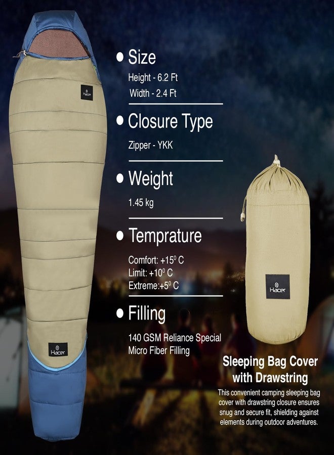 Hacer HC-350 Poonch Camping Sleeping Bag with Reliance Microfiber Filling +5 to +15 Degree Winter Hiking Trekking Kids Boys & Girls 6.2ft Travelling Bags Baby (Blue & Grey, 1.45KG) - Image 4