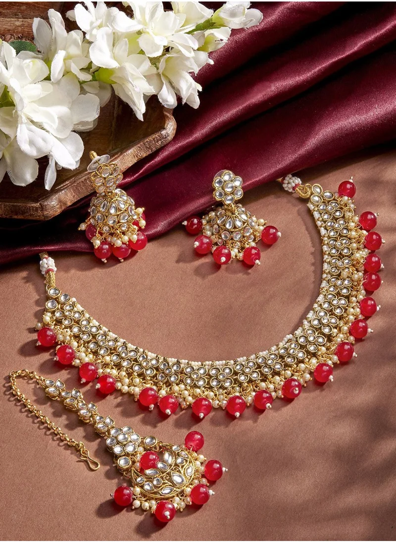 Priyaasi Kundan-Studded  Beaded Floral Necklace Jhumki Earrings  Maangtika