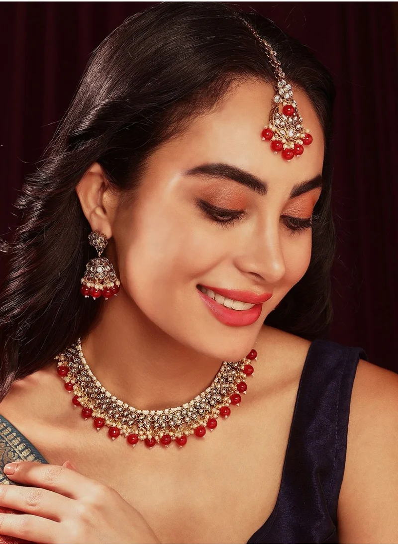 Priyaasi Kundan-Studded  Beaded Floral Necklace Jhumki Earrings  Maangtika