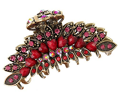 Fodattm Women Lady Retro Flowers Hair Claw Clip Vintage Alloy Rhinestone NonSlip Hair Jaw Clips Hairpin Large Hair Updo Grip Bath Accessories for Thick Hair Fancy Hair Barrette Clamp Red - Image 1