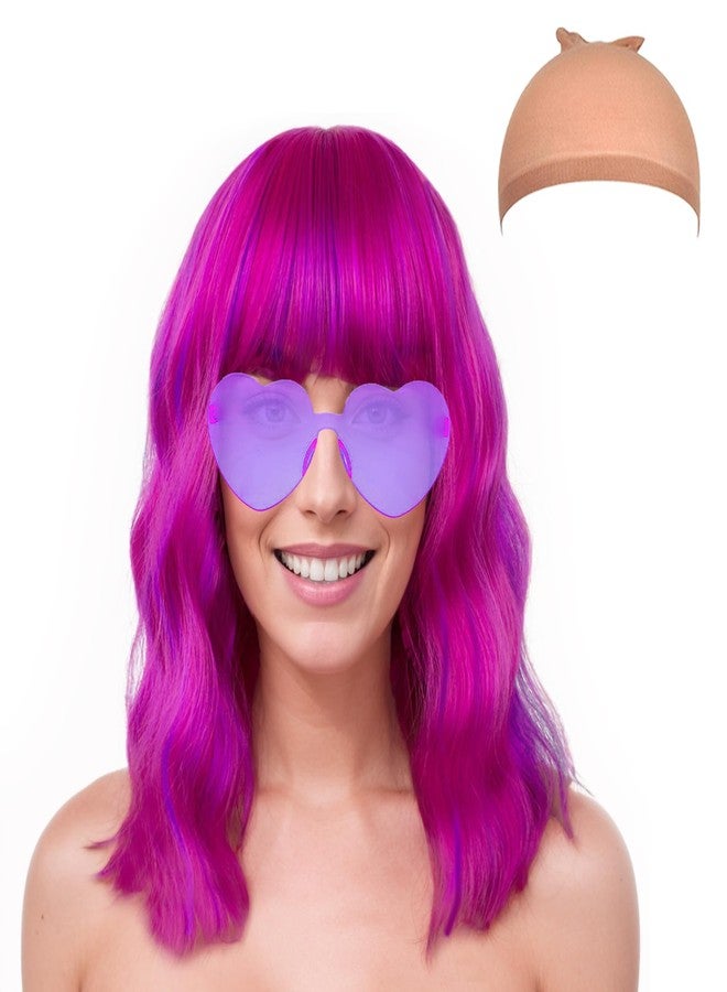 LIULIUBTY Chic Short Bob Wavy Wig for Women - Shoulder Length Loose Curly Synthetic with Bangs - Uniquely Vivid Colored Cosplay Wig, Suitable for Costume Partie (Rose Purple) - Image 1