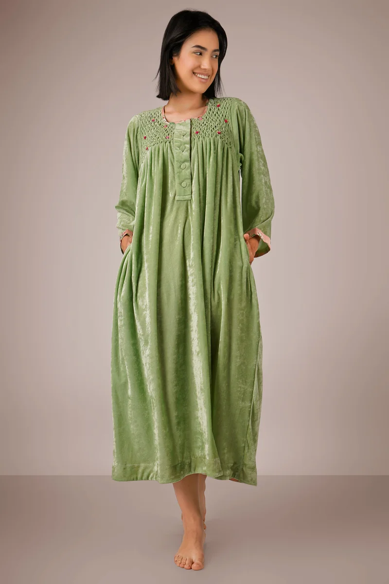 After Dark Agatha, Green Smocked Dress