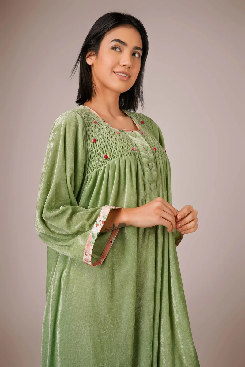 After Dark Agatha, Green Smocked Dress