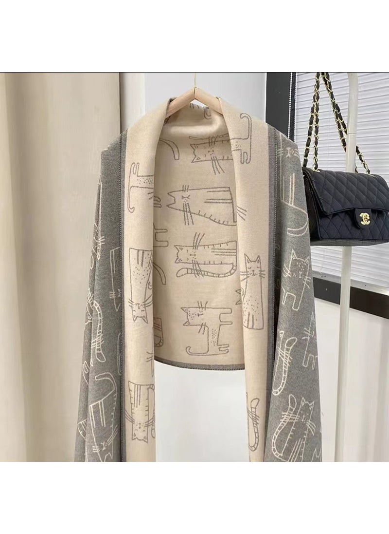 Generic - Thickened Cashmere like Scarf Womens Autumn Winter Cute Cat Design Windproof Shawl Outerwear Two-in-One Versatile Neck Warmer Gray Beige-Cat - Image 1