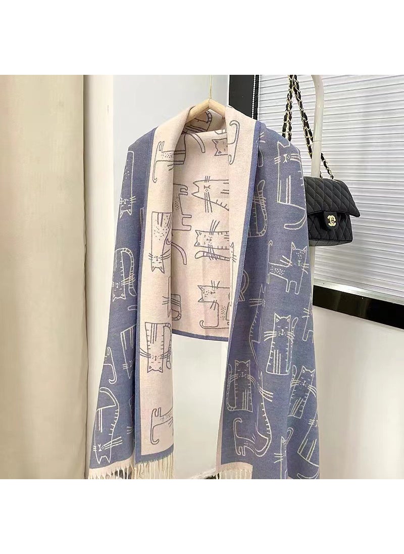 Generic - Thickened Cashmere like Scarf Womens Autumn Winter Cute Cat Design Windproof Shawl Outerwear Two-in-One Versatile Neck Warmer Gray Beige-Cat - Image 1