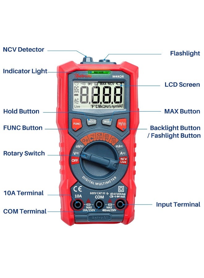 AstroAI جهاز قياس متعدد الاستخدامات من أسترو إيه آي، مقياس فولت أوتوماتيكي 4000 عد، مقياس مقاومة رقمي 1.5 فولت/9 فولت/12 فولت - Image 5