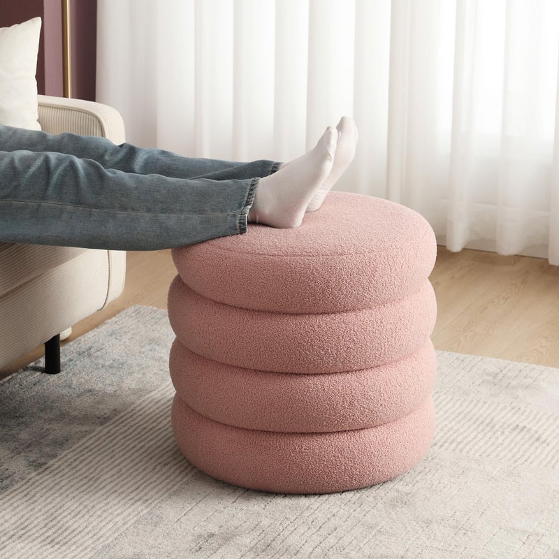 Flouki Sherpa Ottoman, Teddy Ottoman with Storage, Round Pouf Storage Ottoman for Living Room and Dorm, Pink - Image 4