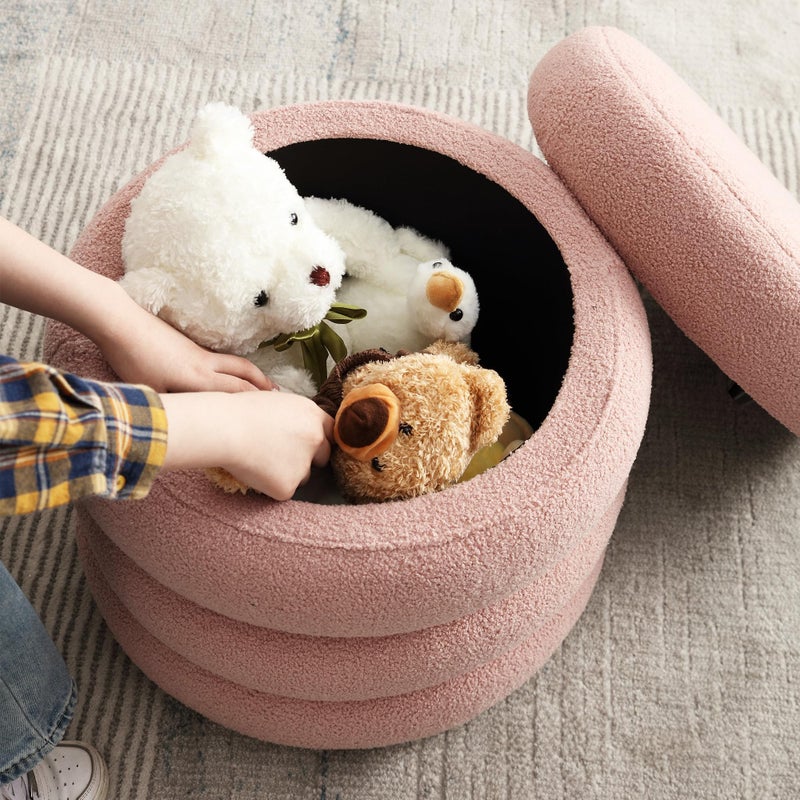 Flouki Sherpa Ottoman, Teddy Ottoman with Storage, Round Pouf Storage Ottoman for Living Room and Dorm, Pink - Image 5