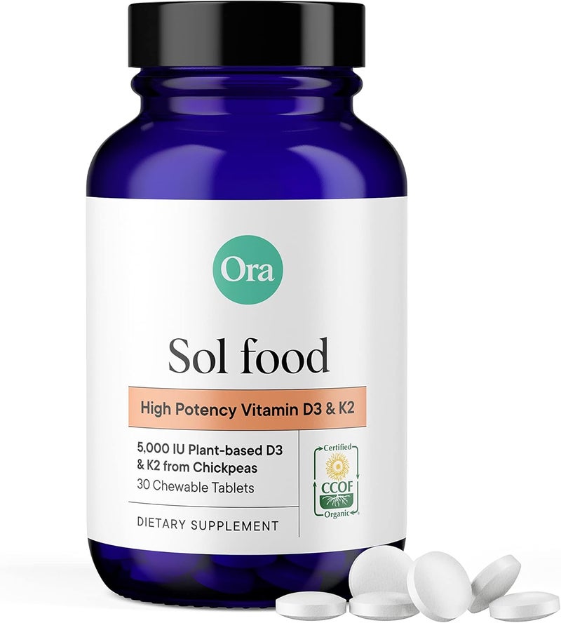 Ora Organic Vitamin D3 5000IU  K2  Vegan Vitamin D from Lichen and K2 from Chickpeas for Bone Health Immune Support  Mood Maximum Absorption  1 Month Supply 30 Chewable Tablets - Image 1