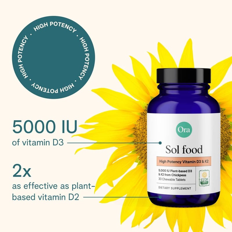 Ora Organic Vitamin D3 5000IU  K2  Vegan Vitamin D from Lichen and K2 from Chickpeas for Bone Health Immune Support  Mood Maximum Absorption  1 Month Supply 30 Chewable Tablets - Image 2
