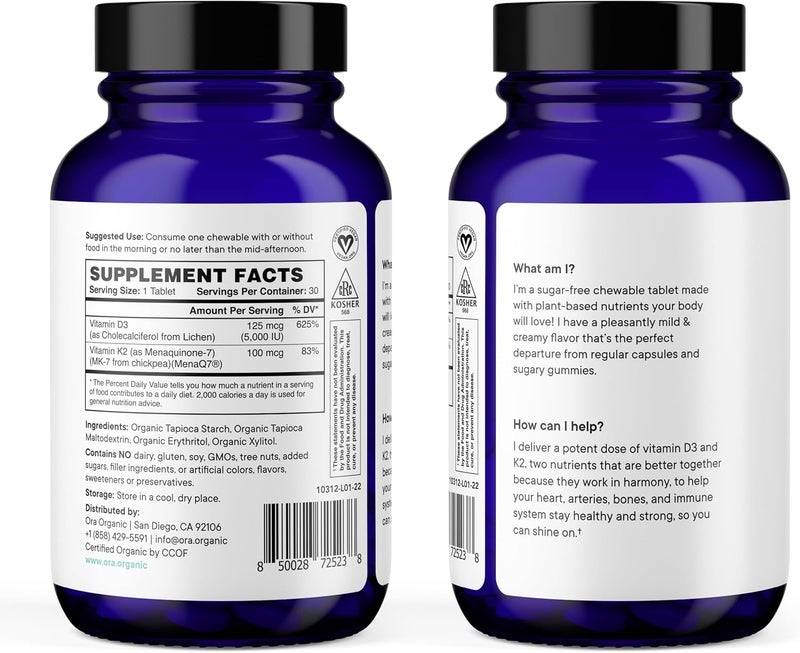Ora Organic Vitamin D3 5000IU  K2  Vegan Vitamin D from Lichen and K2 from Chickpeas for Bone Health Immune Support  Mood Maximum Absorption  1 Month Supply 30 Chewable Tablets - Image 5