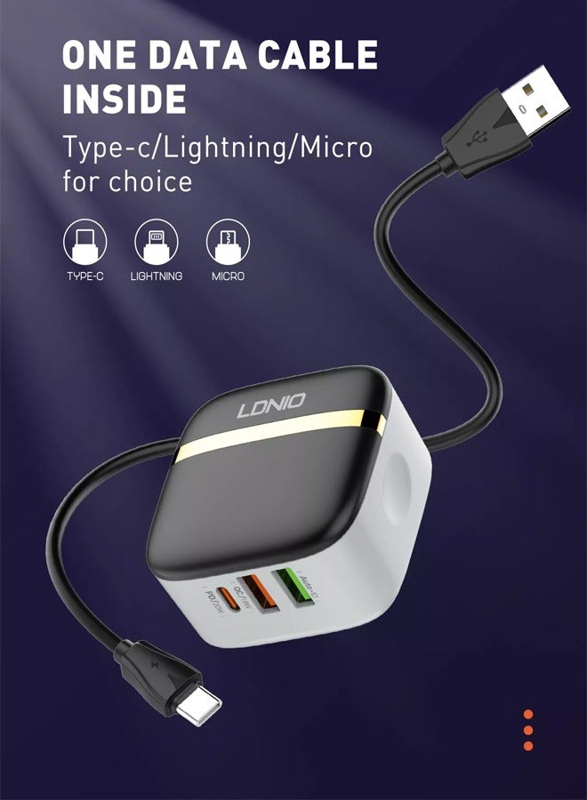 LDNIO A3513Q 32W Portable 3 USB QC3.0 PD محول شحن جداري سريع سريع مع كابل شحن من النوع C - Image 5