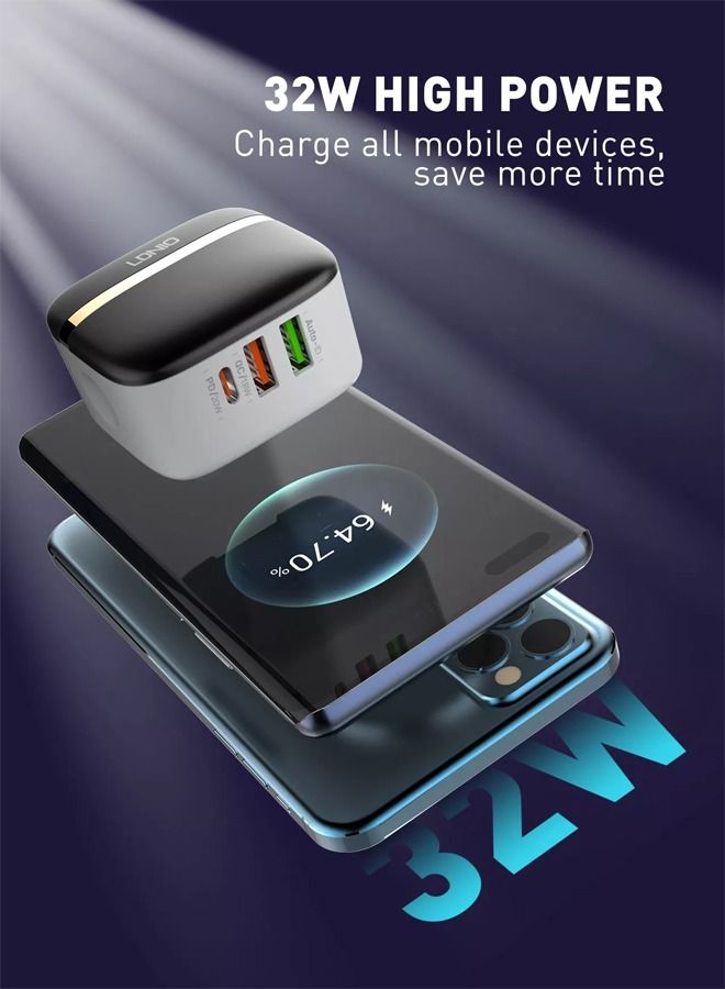 LDNIO A3513Q 32W Portable 3 USB QC3.0 PD محول شحن جداري سريع سريع مع كابل شحن من النوع C - Image 2