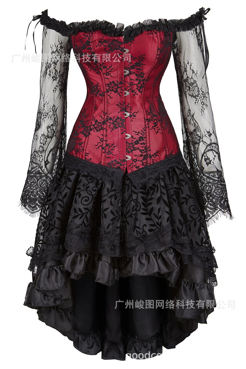 Classic Lotus Leaf Lace Jacquard Adjustable Court Body Shaping Split Set Flocking Luxury Long Dress - Image 1