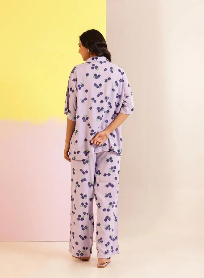 sanskrutihomes Lavender Floral Print Viscose Rayon Shirt and Pyjama Set