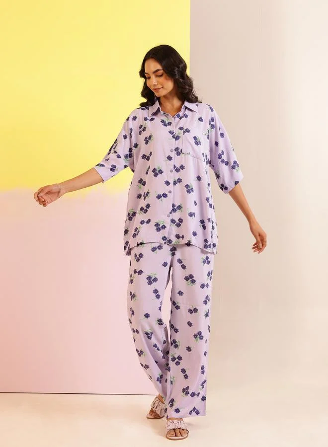 sanskrutihomes Lavender Floral Print Viscose Rayon Shirt and Pyjama Set