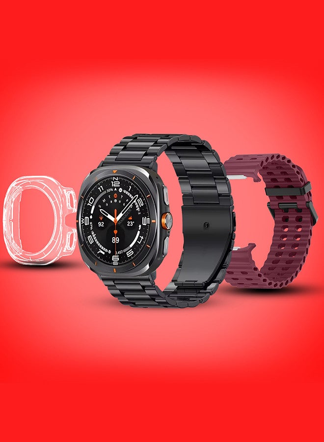 Kalobee حزمة ساعة SK7 الذكية الفائقة مع الملحقات بما في ذلك 1 حزام من الفولاذ المقاوم للصدأ الأسود 1 حزام سيليكون ماروني وكابل شحن وحافظة واقية من TPU - Image 2