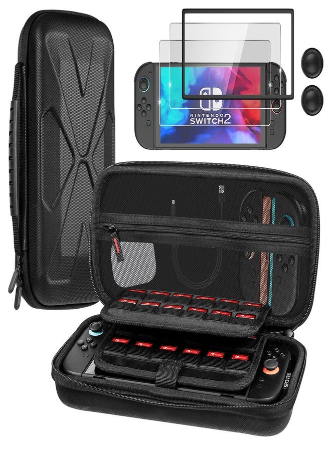 SPOVEN for Nintendo Switch 2 Case Black (2025), Portable Large Capacity Carrying Protective Hard Shell Travel Case, 4 in 1 Accessories Bundle with 2 Screen Protectors, 2 Thumb Grip Caps & Installation - Image 1
