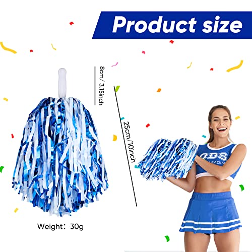 Hanaive 24 Pcs Pom Poms Cheerleading Cheerleader Spirited Cheer Baton Handle Metallic Foil for Sports Team Party Dance Cheering(Blue, White) - Image 2