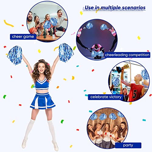 Hanaive 24 Pcs Pom Poms Cheerleading Cheerleader Spirited Cheer Baton Handle Metallic Foil for Sports Team Party Dance Cheering(Blue, White) - Image 4