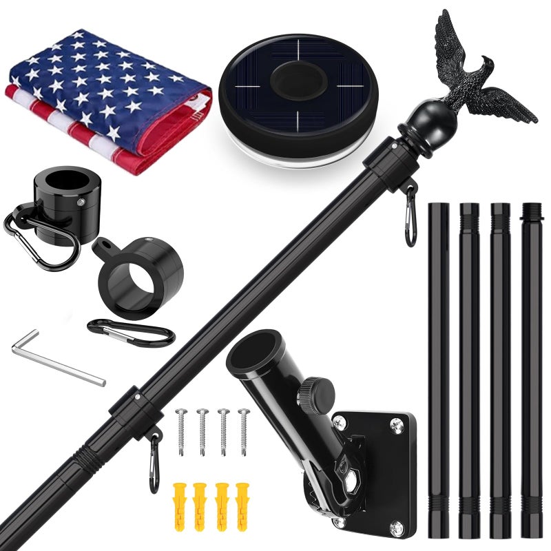 LETSTRY 5FT Flag Pole Kit for Outside House with American Flag & Solar Light,1" Thickened Stainless Steel Wall Mount Flagpole with 180Â°Adjustable Bracket for Residential Outdoor Porch, Black - Image 1