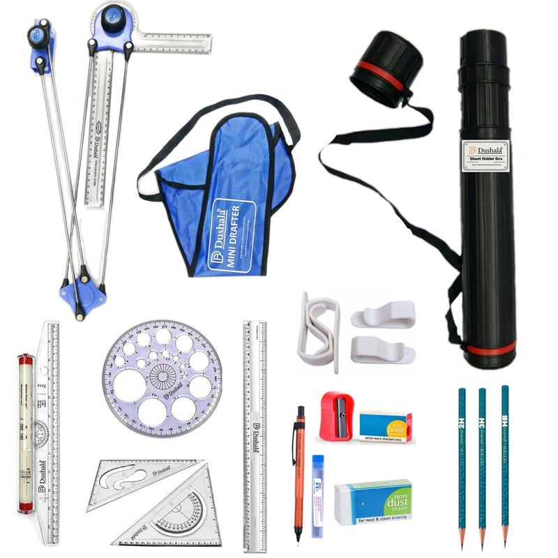 DUSHALA Mini Drafter, Sheet Holder Box, Roller Scale, Long Scale, Set Squares, Pro Circle, Plastic Clips for Engineering Drawing/Professional Drawings (Kit 13) - Image 1