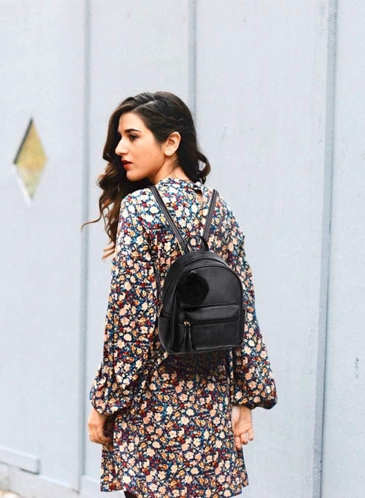 عام 【محفظة ظهر صغيرة للفتيات والمراهقات والنساء】 محفظة ظهر جلد PU مع حقيبة كتف وتعليقة بوم بوم وشرابة سحرية - Image 2