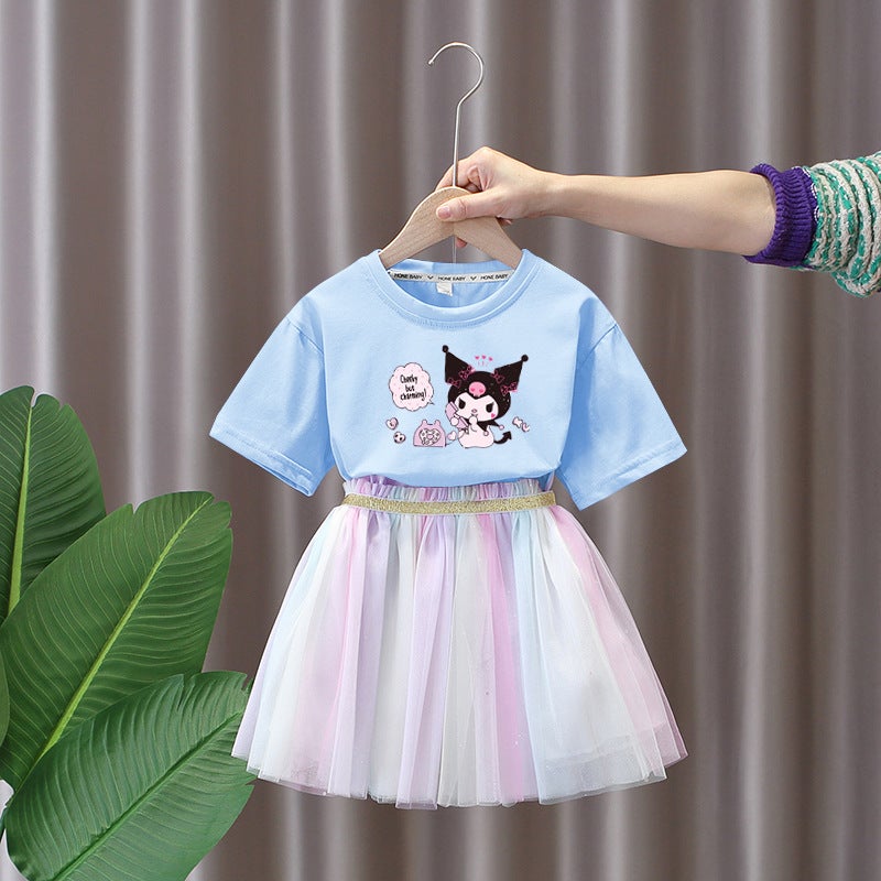 Kulomi Girls' Short-Sleeved Skirt Set Western-Style Princess Skirt Small And Medium-Sized Children'S Veil Skirt Girl'S Summer Dress Korean Fashionable - Image 2