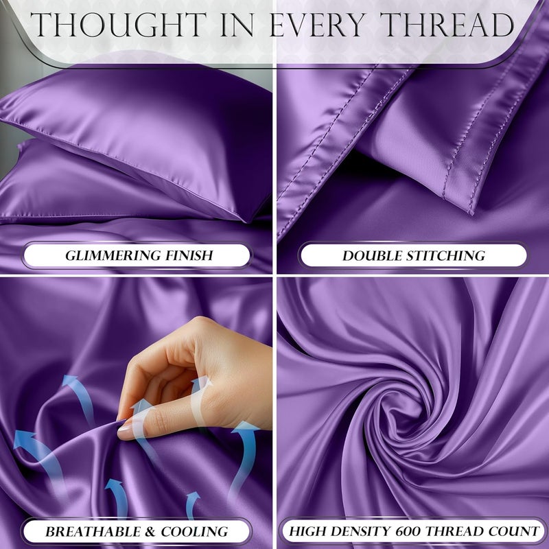 DECOLURE Satin Sheets King Size Bed Set 4 Pcs - Silky & Luxuriously Soft Satin Bedding w/ 15 inch Deep Pocket - Hypoallergenic, Double Stitching, Wrinkle Free - Elegant Silky Satin Bed Sheets (Purple) - Image 3