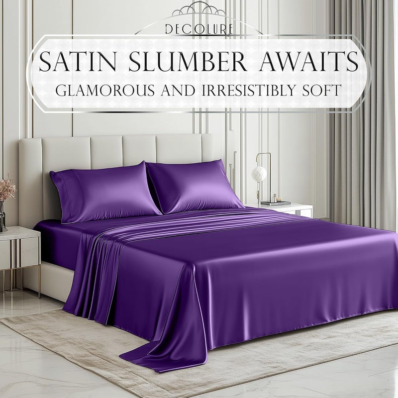 DECOLURE Satin Sheets King Size Bed Set 4 Pcs - Silky & Luxuriously Soft Satin Bedding w/ 15 inch Deep Pocket - Hypoallergenic, Double Stitching, Wrinkle Free - Elegant Silky Satin Bed Sheets (Purple) - Image 2