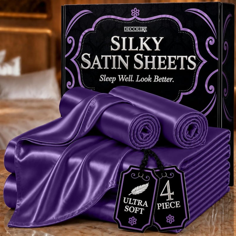 DECOLURE Satin Sheets King Size Bed Set 4 Pcs - Silky & Luxuriously Soft Satin Bedding w/ 15 inch Deep Pocket - Hypoallergenic, Double Stitching, Wrinkle Free - Elegant Silky Satin Bed Sheets (Purple) - Image 1