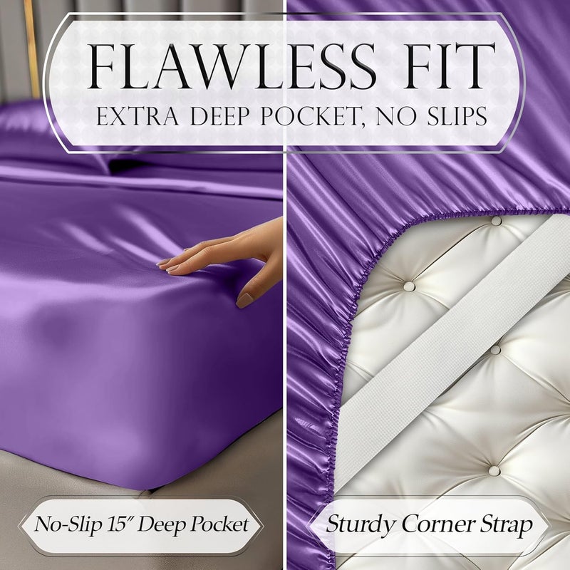 DECOLURE Satin Sheets King Size Bed Set 4 Pcs - Silky & Luxuriously Soft Satin Bedding w/ 15 inch Deep Pocket - Hypoallergenic, Double Stitching, Wrinkle Free - Elegant Silky Satin Bed Sheets (Purple) - Image 5