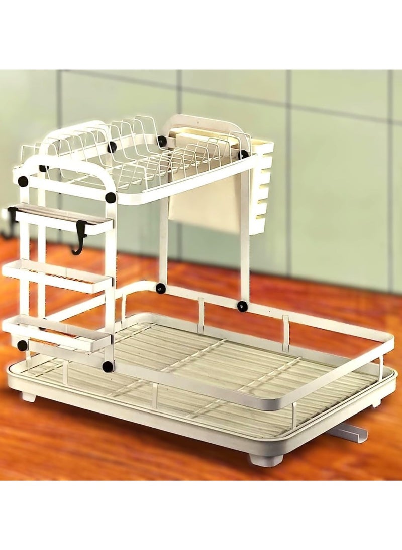 VIO Space Saving Dish Drying Rack Stainless Steel 2 Tier Dish Rack with Drain Board Large Capacity Kitchen Dish Drainer Organizer with Utensil Holder 2 Level White  - Image 2